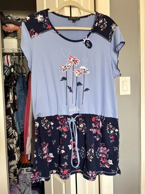 Light Blue & Navy Floral Drawstring Tunic Pyjama Nightgown